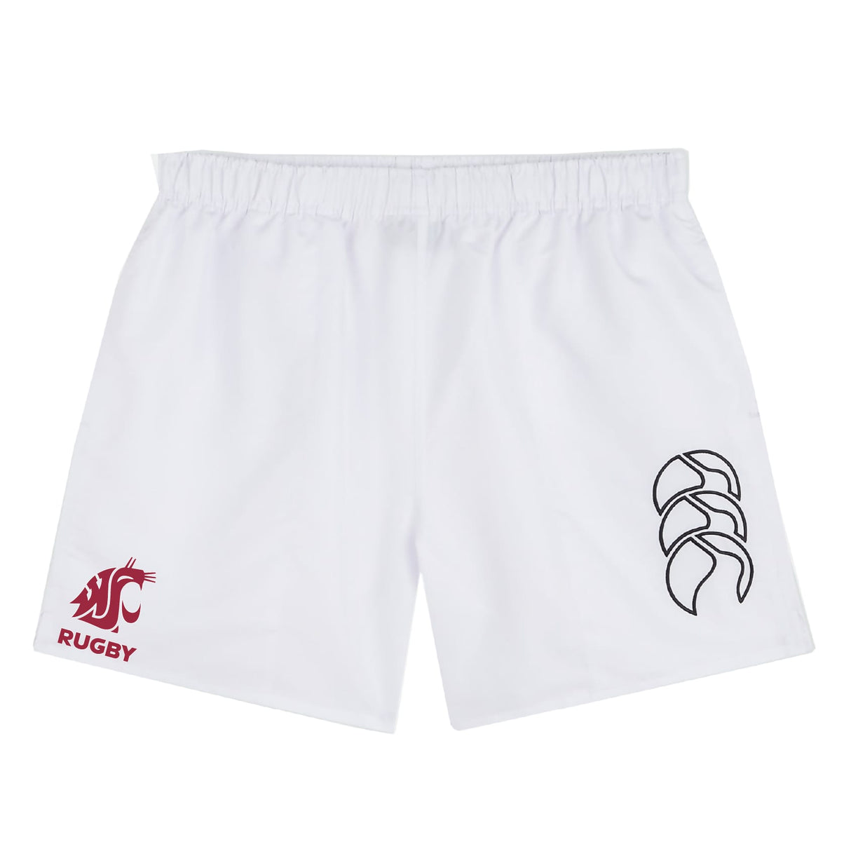 The Washington State University Tactic Short by EMB Canterbury features a red WSU logo and "RUGBY" on the left leg, plus a black Canterbury logo on the right. Ideal men's gym or training shorts.