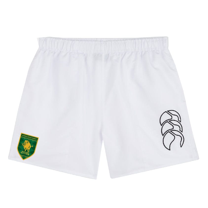 The Riverlands Rugby Tactic Short by EMB Canterbury features an elastic waistband, a green and yellow crest on the left leg, and a black abstract logo on the right—ideal for comfortable, high-performance play.