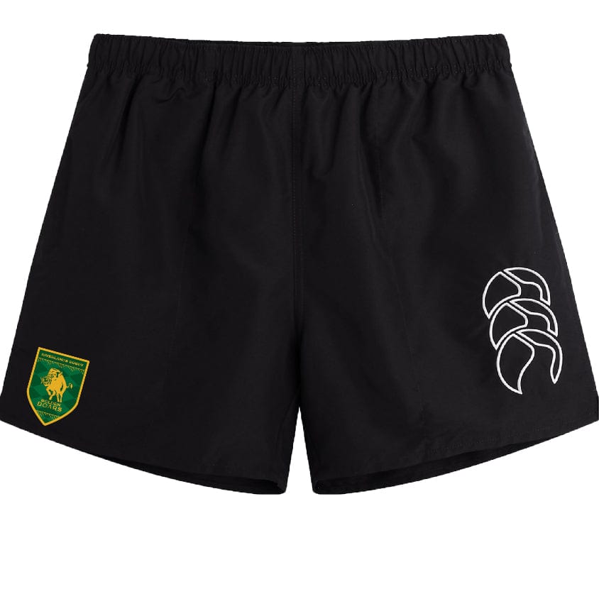 The Riverlands Rugby Tactic Short by EMB Canterbury features an elastic waistband, a yellow and green patch on the left leg, and a white logo on the right—designed for men’s sports performance.