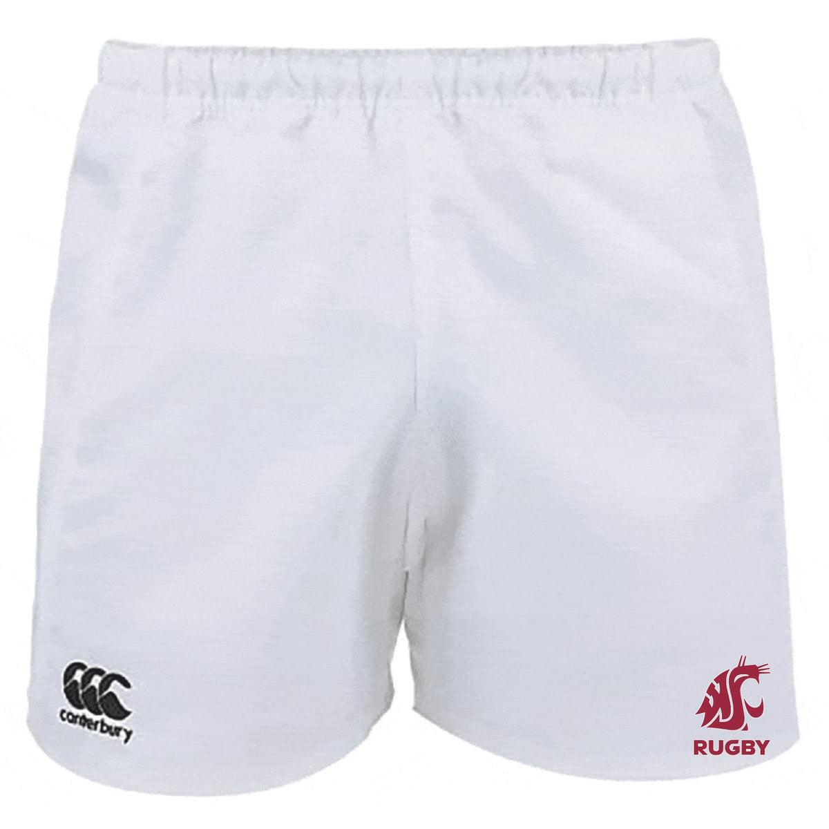 The EMB Canterbury Washington State University Advantage Rugby Shorts feature moisture-wicking fabric, a Canterbury logo on the left leg, and a red WSU Rugby logo on the right, all on a plain white background.