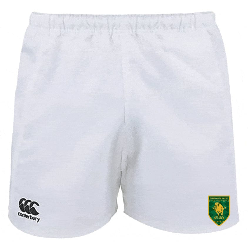 Riverlands Rugby Advantage Rugby Shorts by EMB Canterbury featuring an elastic waistband, moisture-wicking fabric, a black Canterbury logo on the left leg, and a green and yellow badge on the right leg.