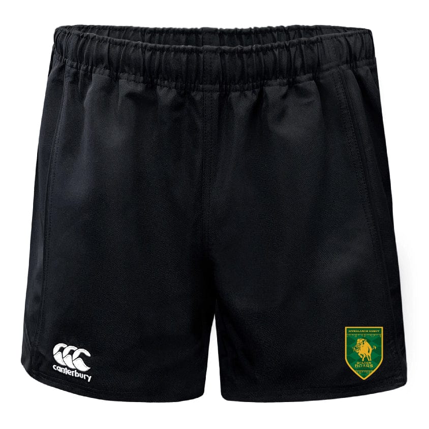 Riverlands Rugby Advantage Rugby Shorts by EMB Canterbury feature an elastic waistband, a white "Canterbury" logo on the left, a green and yellow lion emblem on the right, and moisture wicking fabric for all-day comfort.