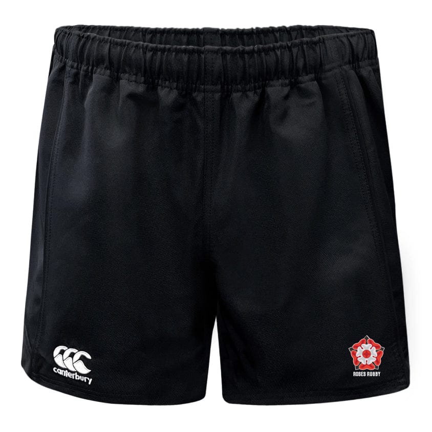 The Roses Rugby Professional Shorts by EMB Canterbury are durable polyester shorts with an elastic waistband, featuring the iconic Canterbury logo and a red rose emblem, perfect for rugby enthusiasts.