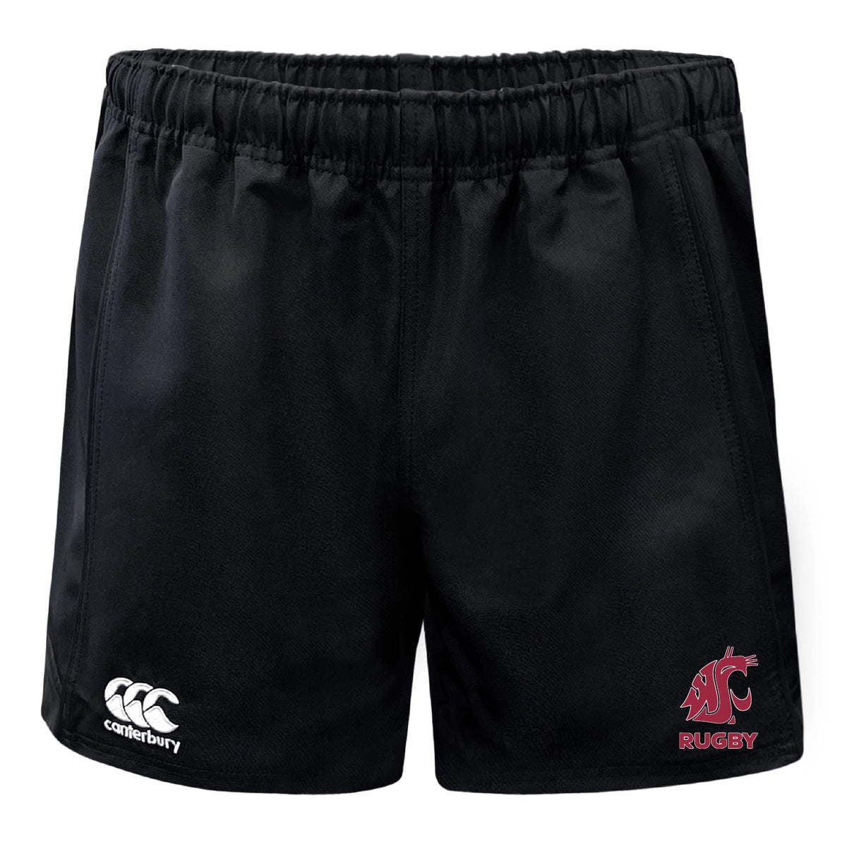 The Washington State University Advantage Rugby Shorts by EMB Canterbury feature an elastic waistband, the Canterbury logo on the left leg, and a red WSU Rugby logo on the right, offering comfort and durability for every match.