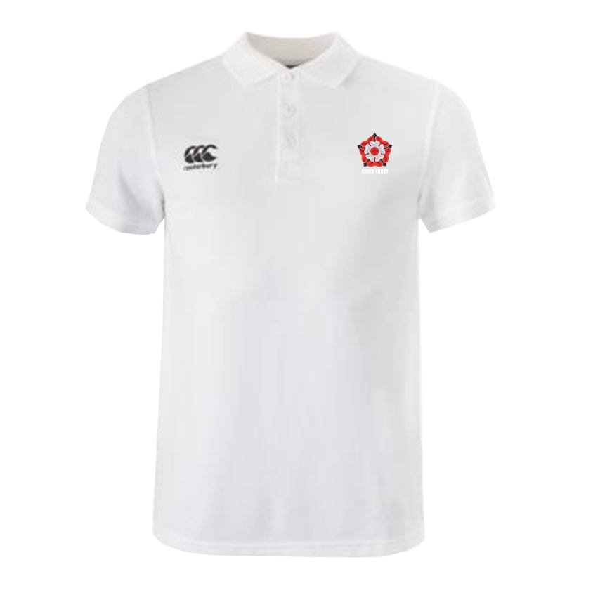 The EMB Canterbury Roses Rugby Waimak Polo is essential for rugby fans, showcasing a sleek white design with two notable chest logos: the classic black Canterbury logo on the left and a striking red crest on the right.