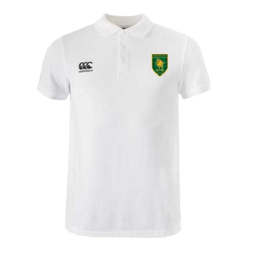 Riverlands Rugby Waimak Polo by EMB Canterbury: white rugby shirt with a black Canterbury logo on the right chest and a green-yellow lion crest badge on the left, made from a comfy cotton-polyester blend.