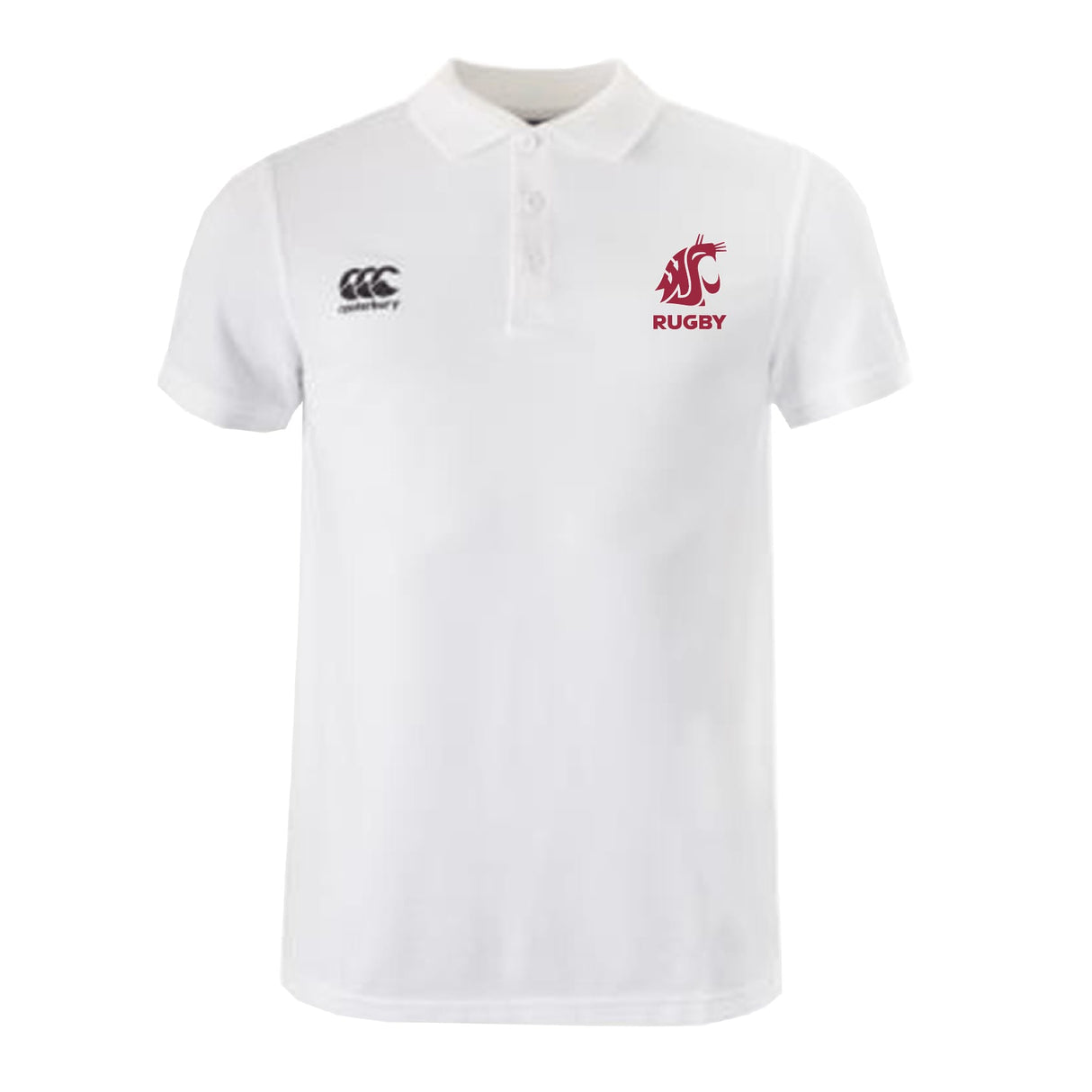 Show your team pride in the Washington State University Waimak Polo by EMB Canterbury—a white short-sleeve rugby polo with a three-button collar, black CCC logo on the right chest, and red WSU Rugby logo on the left.