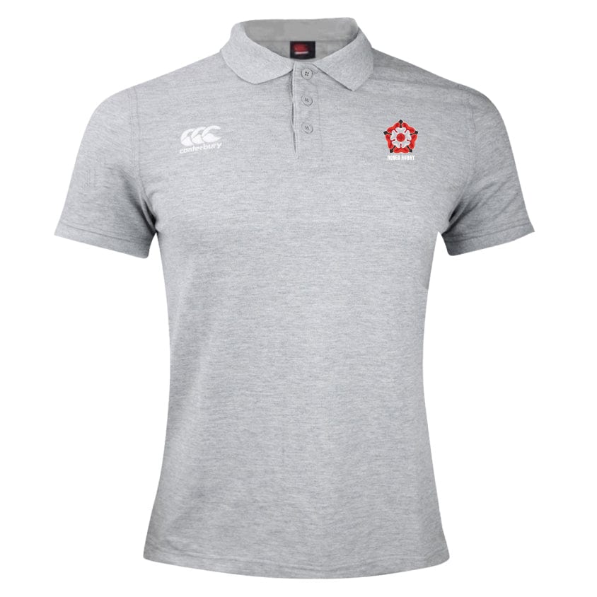 The Roses Rugby Waimak Polo by EMB Canterbury is a gray shirt with a collar, made from a Cotton Polyester blend, featuring white embroidered logos: one on the left chest and another on the right upper side.