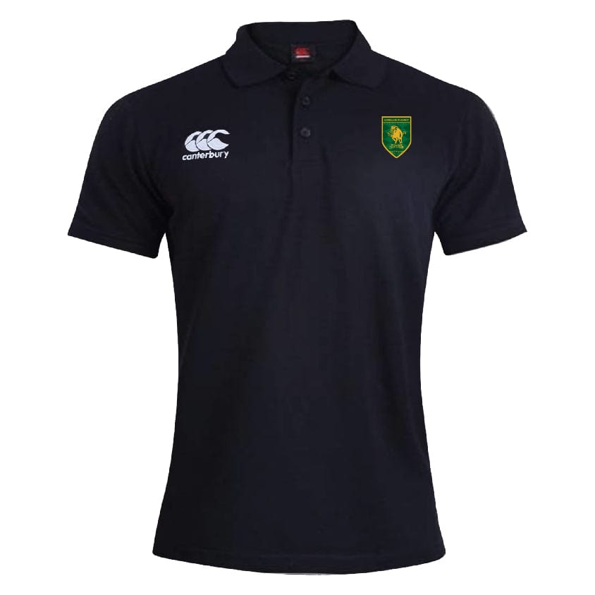 The Riverlands Rugby Waimak Polo by EMB Canterbury is a black, short-sleeve cotton-poly blend polo with a collar, featuring a white Canterbury logo and a green and yellow crest on the chest.