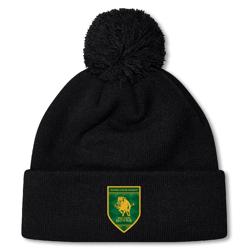 The Riverlands Rugby Pom Pom Beanie by EMB Canterbury is a black knit hat with fleece lining for warmth, featuring a pom-pom and a green and yellow Highlanders Rugby Union Boars logo patch on the front cuff.
