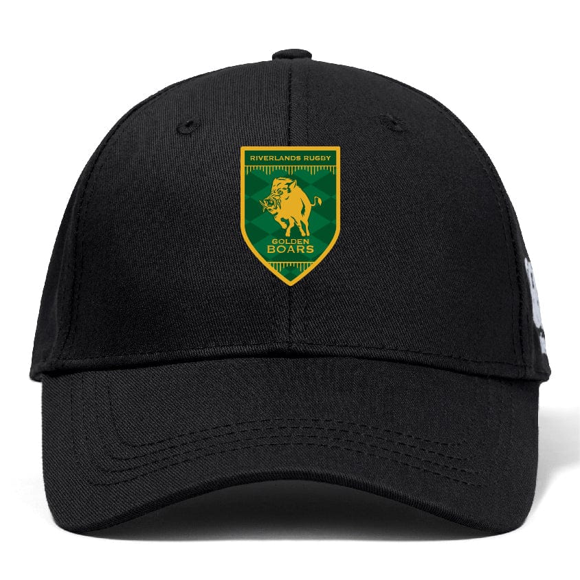 The Riverlands Rugby Flexfit Drill Cap by Canterbury (EMB Canterbury) is a black cap with a yellow and green "Riverlands Rugby Golden Boars" logo and boar emblem on the front.