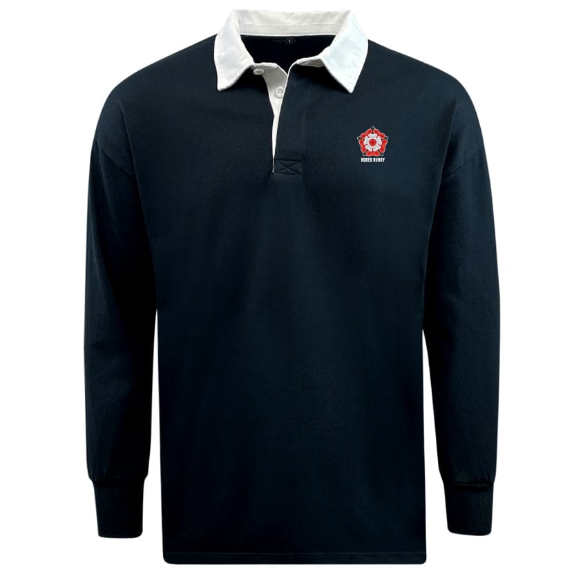 The Roses Rugby Classic Long Sleeve Solid Rugby Jersey from EMB Mudoo features long sleeves, a white collar, buttoned placket, and a left chest embroidered red and white logo. Made from a comfy cotton/poly blend, it provides a relaxed fit suitable for casual wear.