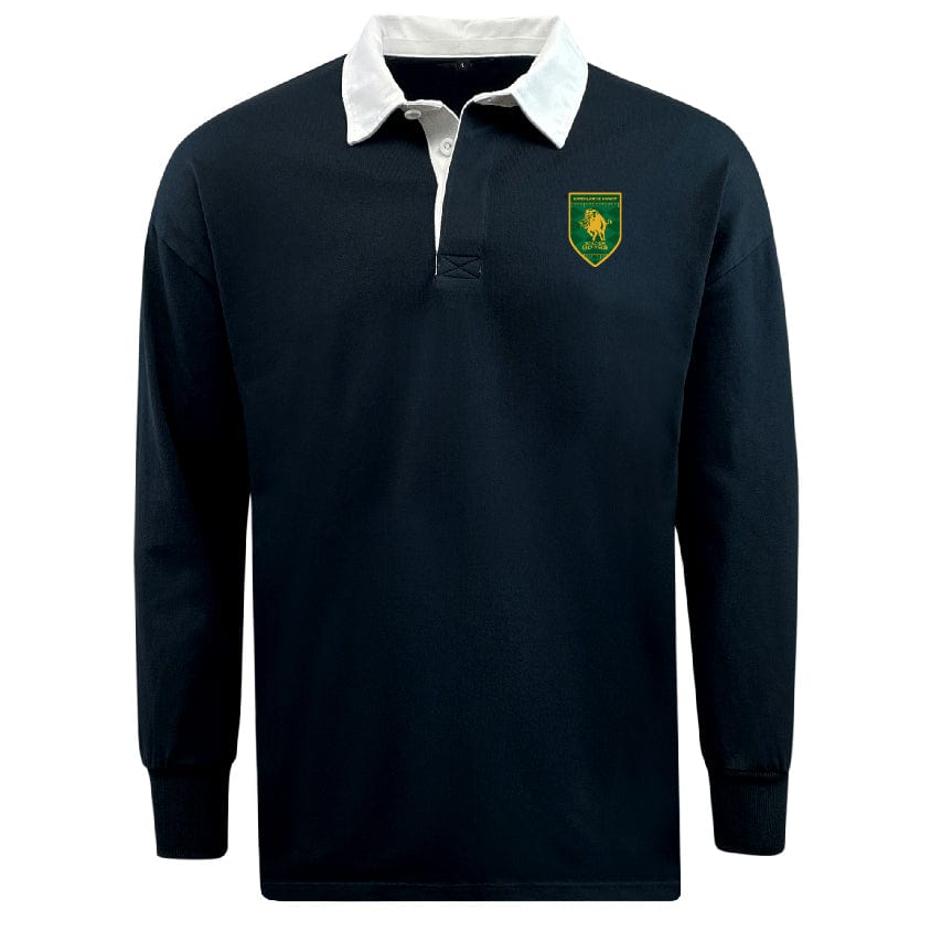 The EMB Mudoo Riverlands Rugby Classic Long Sleeve Solid Rugby Jersey features a black design, white collar, green and gold lion crest on the left chest, and is crafted from a comfortable cotton/poly blend.