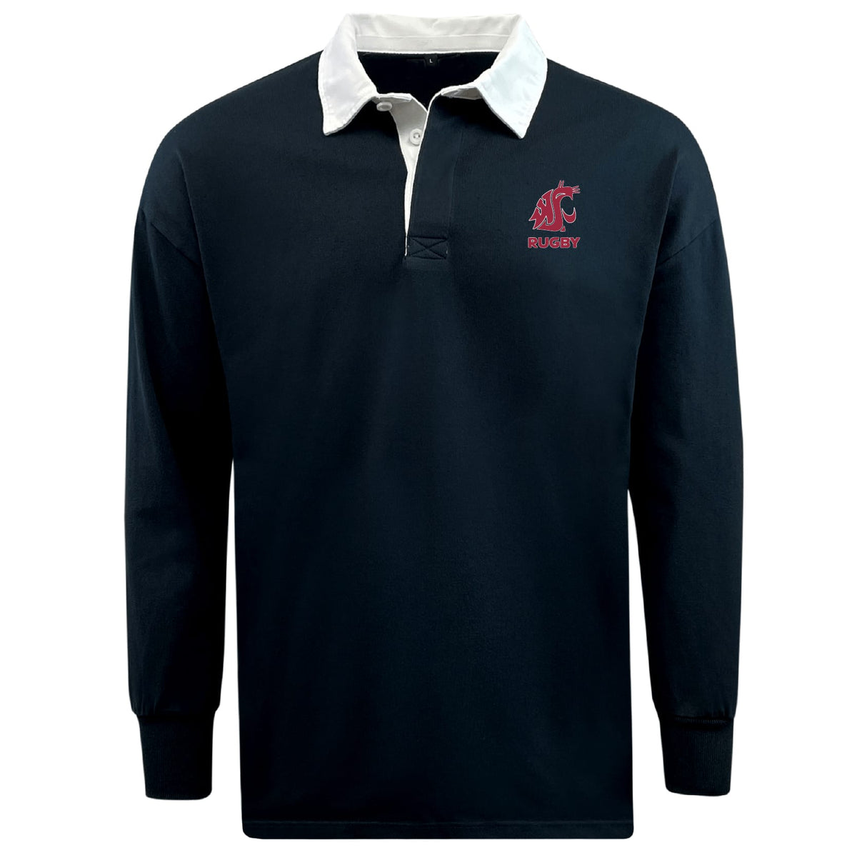 The EMB Mudoo Washington State University Classic Long Sleeve Solid Rugby Jersey is black with a white collar and buttons, crafted from a cotton-poly blend, and features a red WSU rugby logo on the left chest.