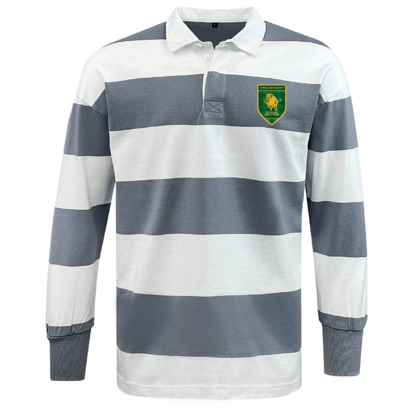 The EMB Mudoo Riverlands Rugby Classic Long Sleeve Hooped Jersey features wide gray and white stripes, a crisp white collar, and a green and yellow chest patch—ideal for stylish, comfortable casual wear.