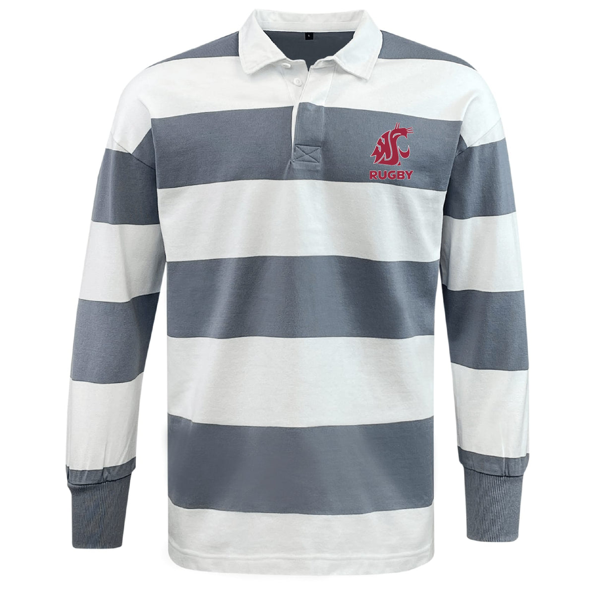 The EMB Mudoo Washington State University Classic Long Sleeve Hooped Rugby Jersey features wide gray and white stripes, a collar, and a red embroidered logo with "Rugby" text on the left chest.