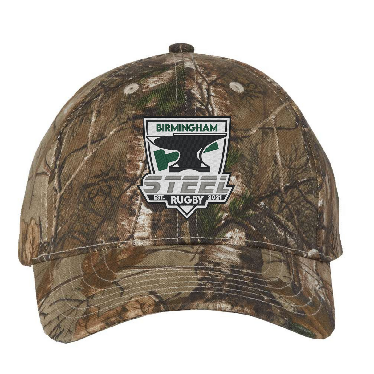 The EMB S&S Activewear Birmingham Steel Rugby Camo Cap in Realtree Extra features an embroidered team logo on the front, delivering a rugged and stylish look.