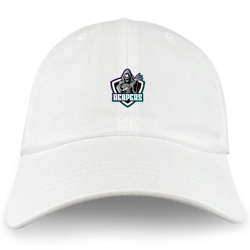 The South Reapers Adult Low-Profile Cotton Twill Dad Cap by EMB S&S Activewear is a white dad cap with a small embroidered hooded grim reaper logo and bold "REAPERS" team branding on the front center.
