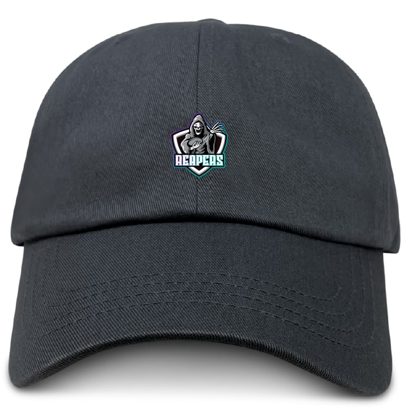 The EMB S&S Activewear South Reapers Adult Low-Profile Cotton Twill Dad Cap features black cotton twill and embroidered team branding with a hooded figure holding a scythe above bold "REAPERS" lettering.