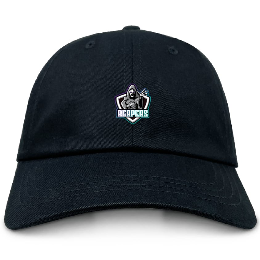 The South Reapers Adult Low-Profile Cotton Twill Dad Cap by EMB S&S Activewear features a small embroidered reaper with a scythe above "REAPERS" on the front, crafted from black cotton twill.