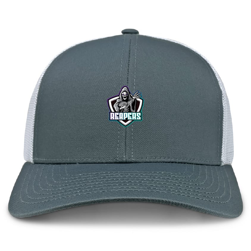 The EMB S&S Activewear South Reapers Retro Trucker Cap features a gray and white design, an embroidered "Reapers" logo with stylized character and bold text, polyester-cotton blend, and an adjustable snapback closure.