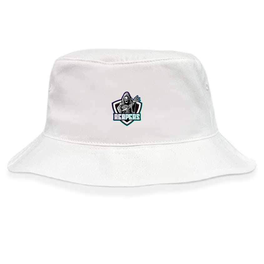 The South Reapers Crusher Bucket Cap by EMB S&S Activewear is made from durable cotton twill, featuring a small embroidered hooded figure with a scythe and "Reapers" text on the front for stylish sun protection.