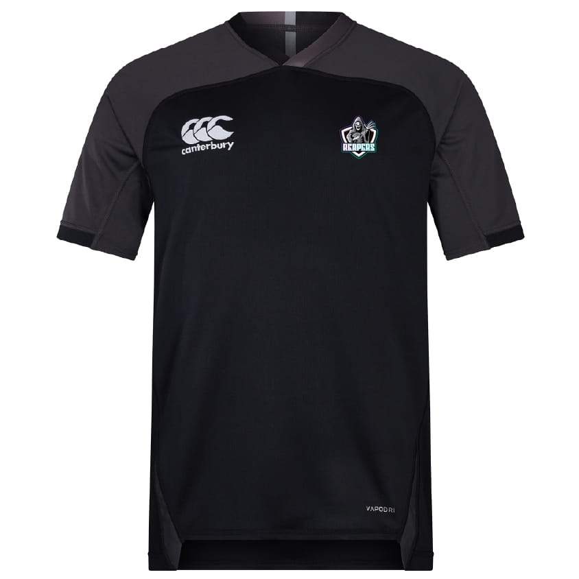 The South Reapers Vapodri Evader Jersey by EMB Canterbury is a black short-sleeve athletic top with a subtle V-neck, team crest and Canterbury logo on the chest, crafted with Vapodri moisture-wicking technology for comfort.