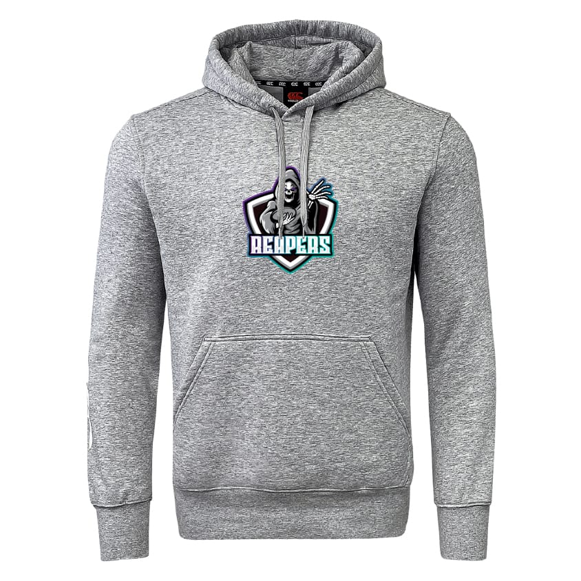 Stay warm in the South Reapers Club Hoodie by WRS Canterbury—a gray fleece hoodie with front pocket, featuring a "Reapers" hooded figure and scythe logo. Perfect as a Rugby Club Hoodie.