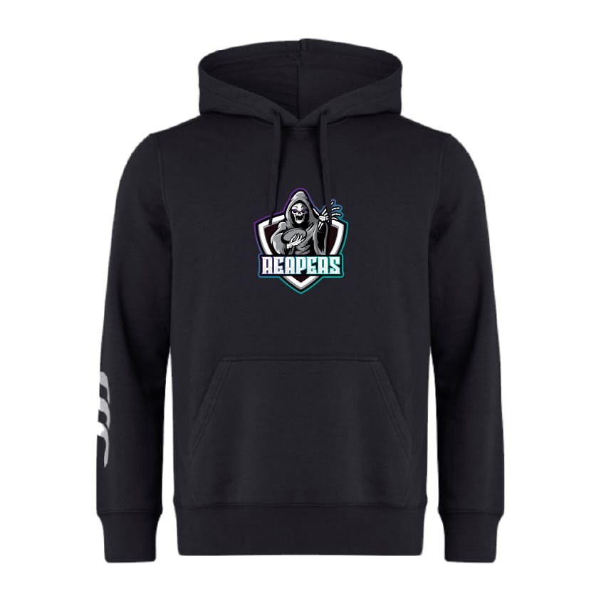 The South Reapers Club Hoodie by WRS Canterbury features a "Reapers" logo with a hooded grim reaper on the chest and three white stripes on the upper left sleeve. Made to order from premium sweatshirt fleece for comfort and style.