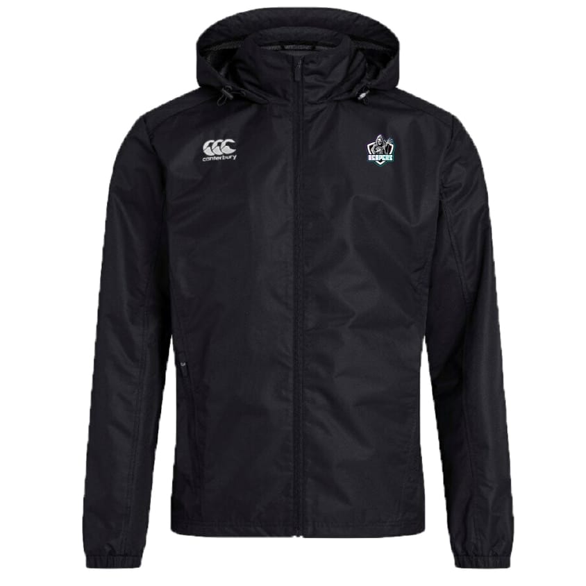 The South Reapers Club Vaposhield Full Zip Rain Jacket by EMB Canterbury is a black hooded rain jacket with zip closure, VapoShield water-resistant tech, and features the Canterbury and Scottish Rugby logos on the chest.