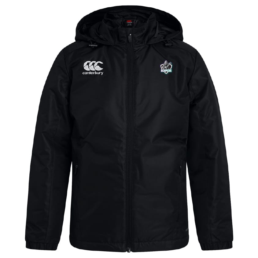 The South Reapers Club Vaposhield Stadium Jacket by EMB Canterbury features a black hood, front zipper, Canterbury logo on the right chest, embroidered crest on the left chest, and water-repellent padded insulation for warmth.