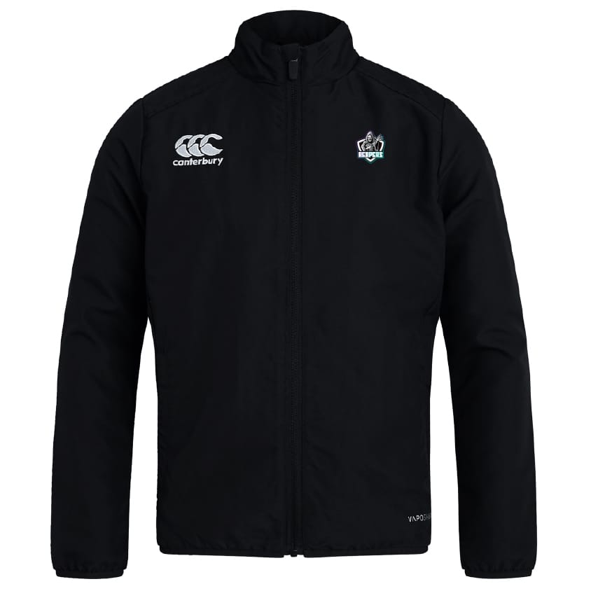 The South Reapers Club Track Jacket by EMB Canterbury is a black, lightweight jacket featuring the Ireland rugby crest and Canterbury logo. It is water repellent and quick drying for all-weather comfort.