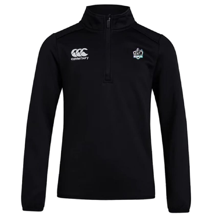 The South Reapers Club 1/4 Zip Mid Layer Training Top by EMB Canterbury features a black long-sleeve design with a Canterbury logo on the right chest and an embroidered crest on the left, ideal for rugby training.