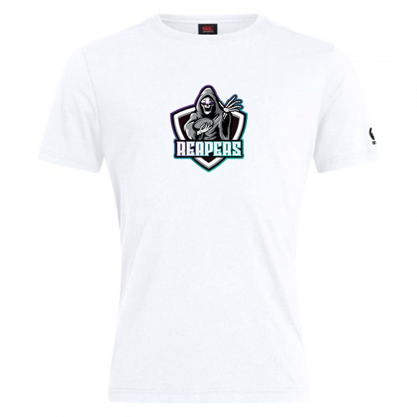 The South Reapers Club Plain Tee by WRS Canterbury is a white T-shirt featuring a hooded figure and bold "REAPERS" graphic on the chest, crafted from a premium cotton-heavy blend for all-day comfort.