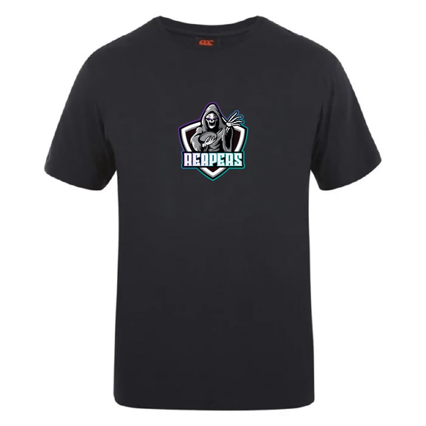 The South Reapers Club Plain Tee by WRS Canterbury is a black, premium cotton-heavy T-shirt with a bold "REAPERS" chest print and a hooded grim reaper graphic.