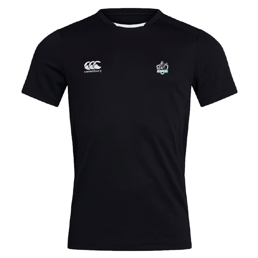 The South Reapers Club Dry Tee by EMB Canterbury is a black short-sleeve athletic shirt with Vapodri Technology, featuring the Canterbury logo on the right chest and a small emblem on the left.