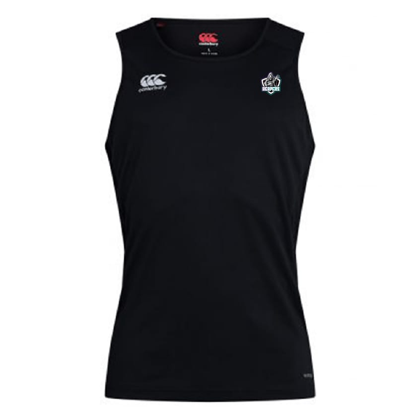The South Reapers Club Dry Singlet by EMB Canterbury is a black sleeveless athletic top with Vapodri Technology, a small white Canterbury logo, and a multicolored crest on the chest.