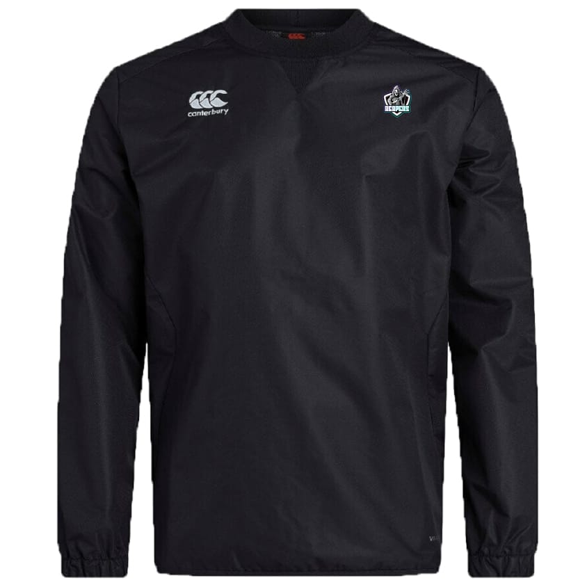 The South Reapers Club Vaposhield Contact Top by EMB Canterbury is a black long-sleeve pullover with a small white logo on the right chest, embroidered emblem on the left, and water-repellent Vaposhield technology for performance.