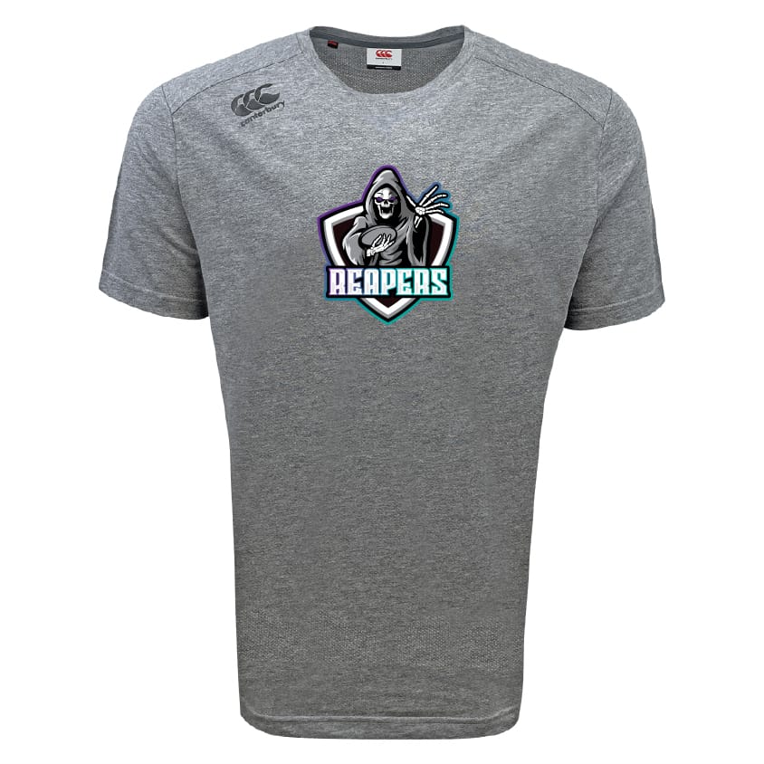 The South Reapers Tempo Vapodri T-Shirt by WRS Canterbury is a gray short-sleeve sports tee featuring a hooded grim reaper and "Reapers" on the chest, plus a Canterbury Vapodri logo for moisture-wicking comfort.