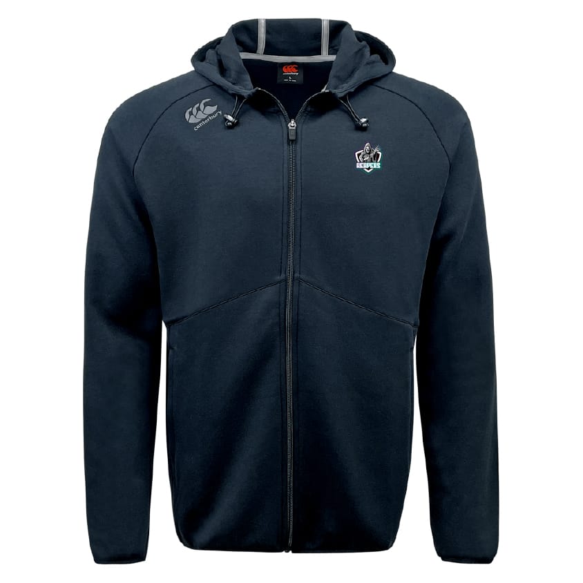 The South Reapers Tempo Vapodri Full-Zip Hoodie by EMB Canterbury is black, features a hood with drawstrings, two front pockets, moisture-wicking fabric, and embroidered logos on the left chest and right shoulder.