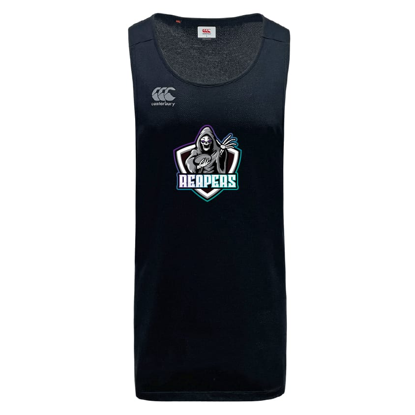 The South Reapers Tempo Vapodri Singlet by WRS Canterbury is a black sleeveless top with an illustrated grim reaper and "Reapers" on the chest, Canterbury logo on the left shoulder, and made with VapoDri tech for comfort.