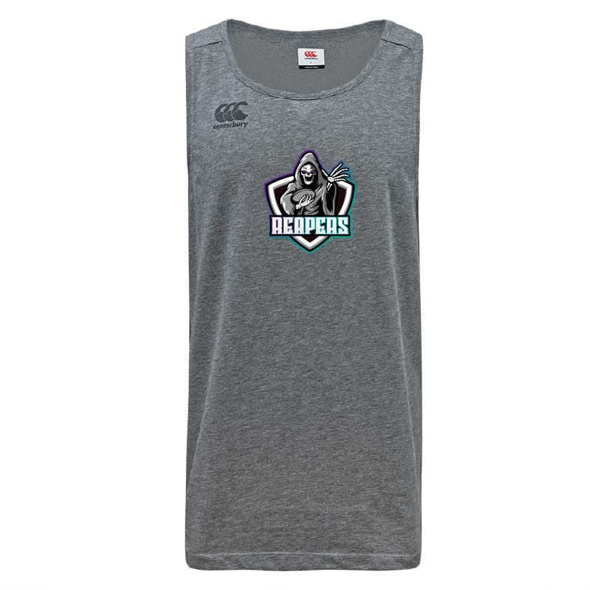 The South Reapers Tempo Vapodri Singlet by WRS Canterbury is a gray, sleeveless athletic shirt made from moisture-wicking recycled polyester, featuring a front "Reapers" logo with a grim reaper holding a scythe.