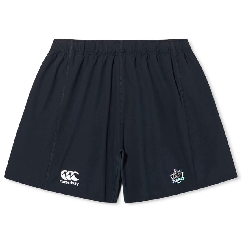 The South Reapers Yokohama Short by EMB Canterbury is a pair of black rugby shorts made from lightweight, durable fabric, featuring the Canterbury logo and a small embroidered emblem on the front.
