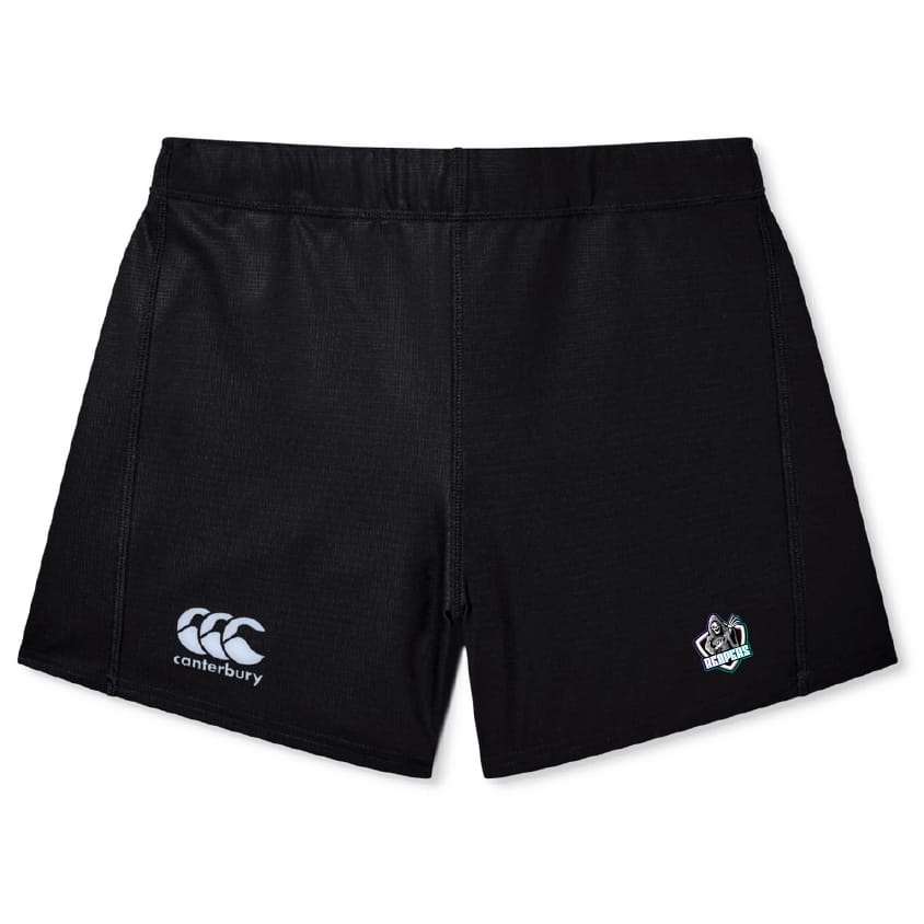 The South Reapers Women's Yokohama Short by EMB Canterbury is a black pair of Vapodri fabric shorts, featuring the Canterbury logo on the left leg and a small emblem on the right.