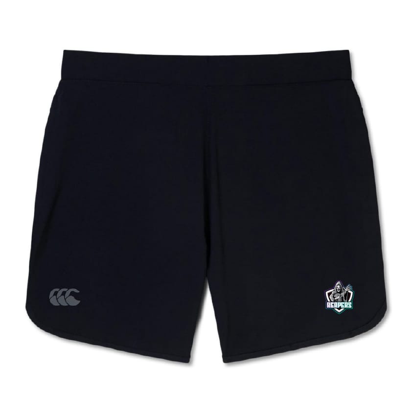 The South Reapers Elite Woven Short by EMB Canterbury features a small logo on the left leg and a brand emblem on the right, shown against a white background. Made to order for your athletic needs.