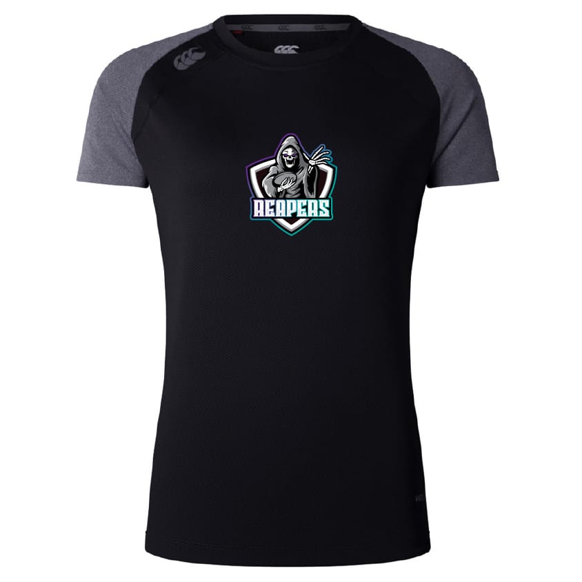 The South Reapers Women's Elite Training Tee by WRS Canterbury features black and dark grey short sleeves, lightweight recycled polyester fabric, and a "Reapers" hooded figure with scythe logo on the chest.