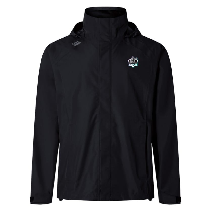 The South Reapers Elite Storm Jacket by EMB Canterbury is a black jacket with a front zipper, long sleeves, and two small embroidered logos, offering Vaposhield performance for reliable protection.