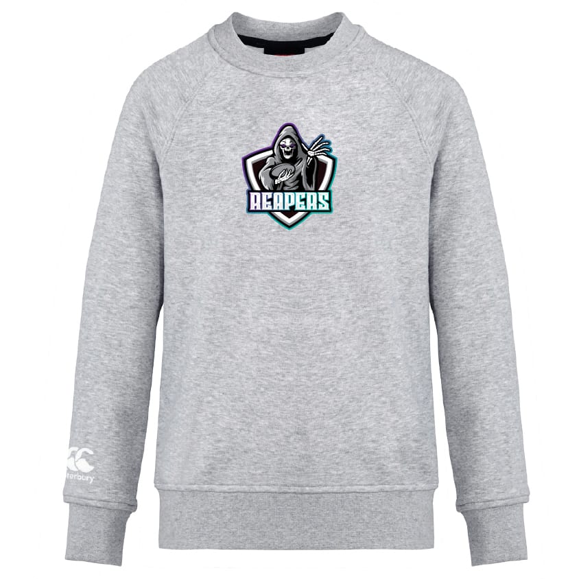 The South Reapers Club Crew Sweatshirt by WRS Canterbury is a gray ultra soft sweatshirt featuring a "Reapers" logo with a hooded figure on the chest and an embroidered CCC logo on the left sleeve cuff.