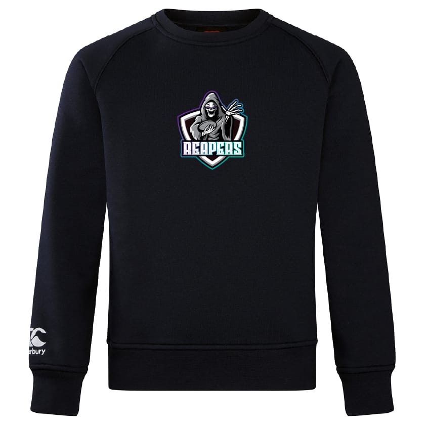 The South Reapers Club Crew Sweatshirt by WRS Canterbury is a black, ultra-soft crewneck featuring a "Reapers" hooded figure logo on the chest and an embroidered CCC logo on the left sleeve for comfort and style.