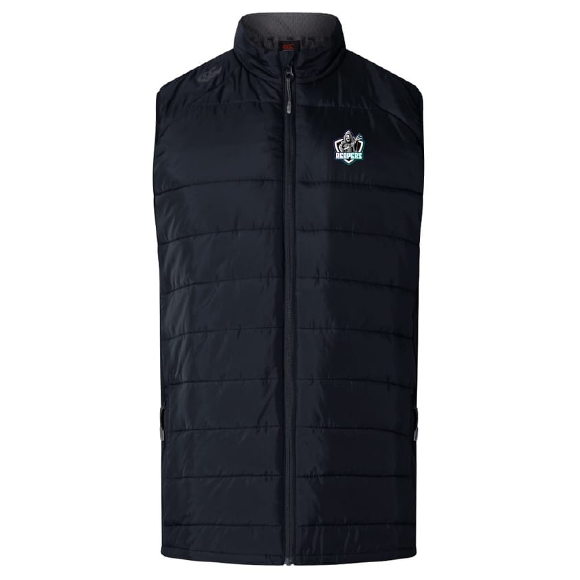 The South Reapers Elite Microlite Gilet by EMB Canterbury is a black, sleeveless vest with insulated baffles, a zip-up front, and a small embroidered logo on the left chest, displayed against a plain white background.